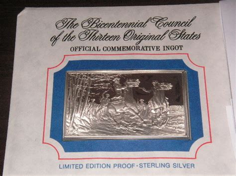 Franklin Mint Bicentennial Ingots Rarity Guide Rarity Comments These ingots were packaged in cachets - envelopes with stamps that were postmarked on the 200th anniversary of the event shown on the ingot. . Franklin mint bicentennial silver ingots